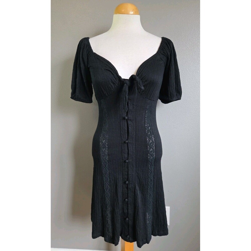 NWT ASOS I Sz 6 XS | Whimsigoth Pointelle Lace Tie Front Faux Button Mini Dress